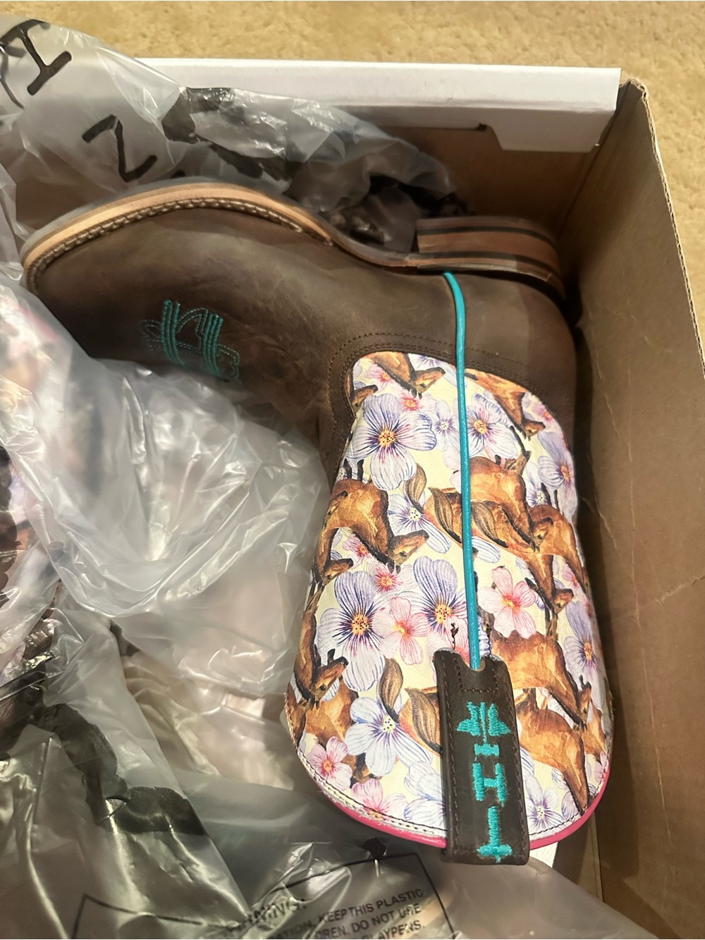 Tin Haul Chestnut and Daisy  Print Western Cowgirl Boot with Brown Leather Top